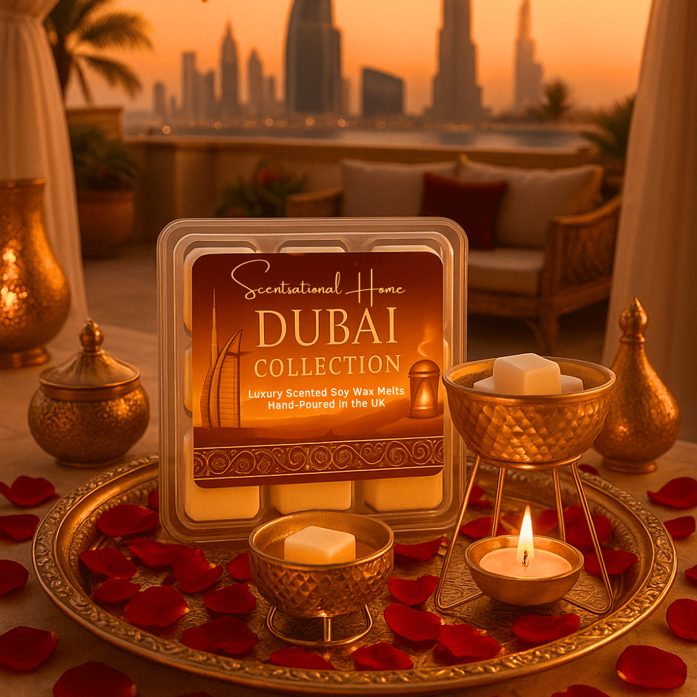 Dubai Wax Melt Collection luxury Middle Eastern inspired soy wax melts with oud, amber, and exotic fragrance notes.