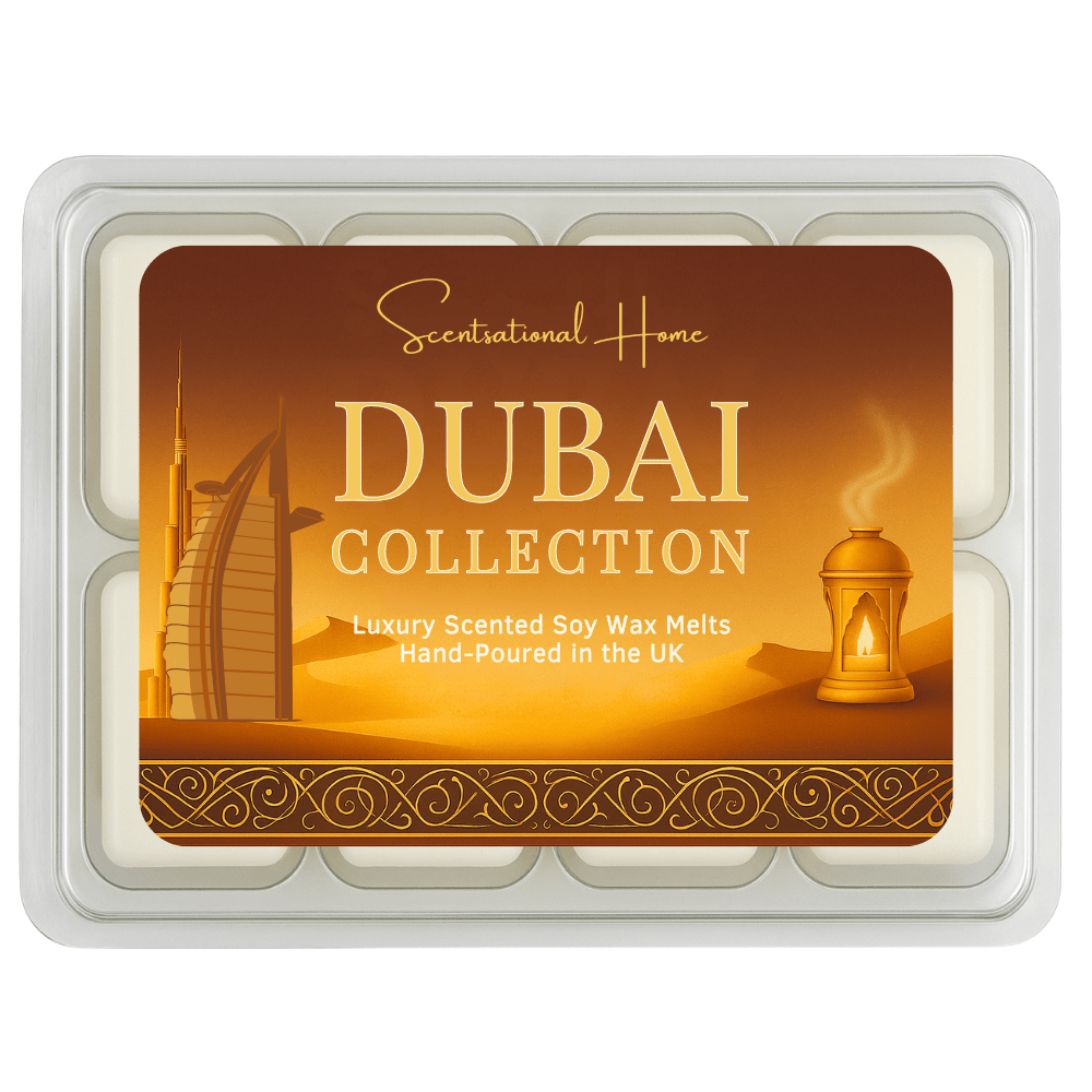 Dubai Collection wax melts in clamshell packaging, inspired by luxury oud and Arabian fragrances.