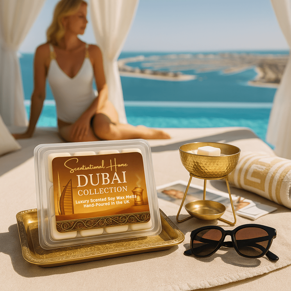 Dubai Collection wax melts in clamshell packaging, inspired by luxury oud and Arabian fragrances.
