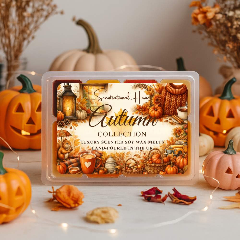 Scentual Home Autumn Collection wax melts packaging with pumpkins and fall decorations.